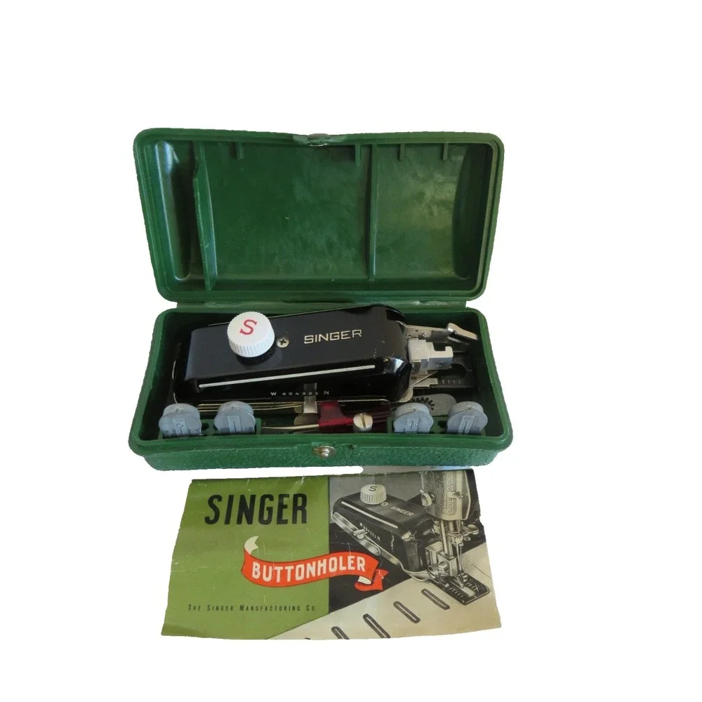 Vintage Singer Buttonholer 160506 w/5‎ Templates & Instructions Green Hard Case